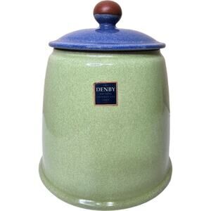 Denby Juice 5"‎ Canister Apple Green with Berry Blue Lid Retired Pattern